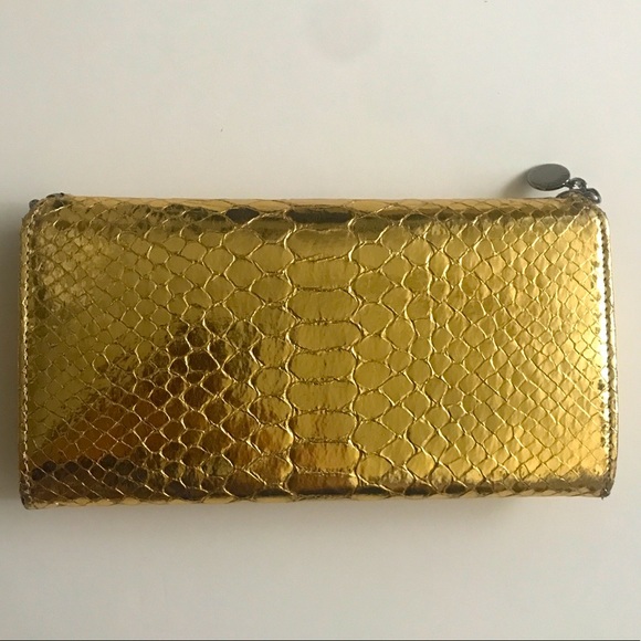 Very Rare! Stella McCartney Metallic Gold Python Falabella Wallet Vegan - Picture 5 of 13